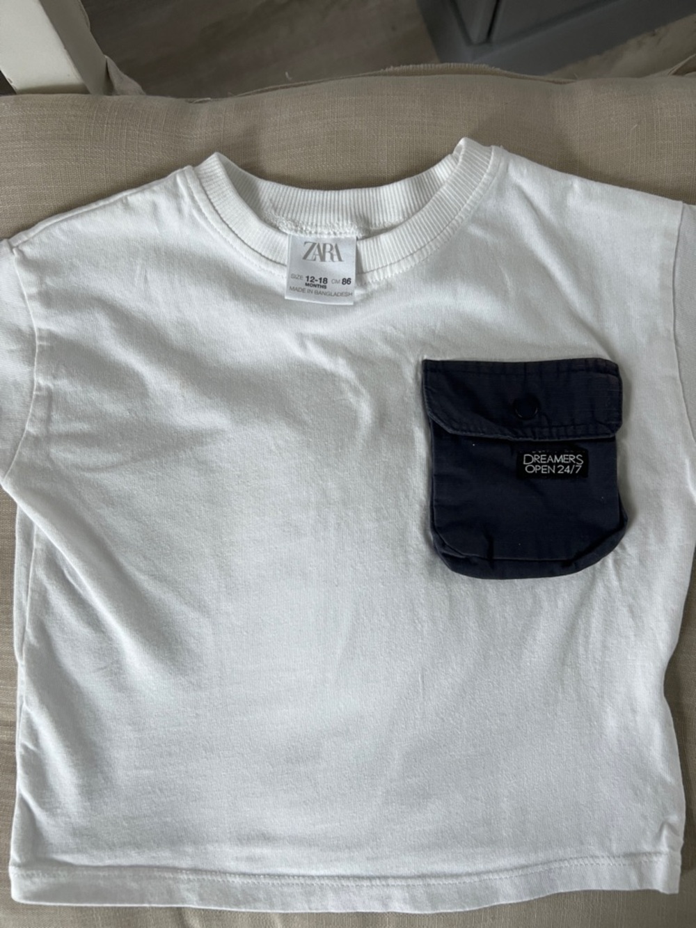 Zara White Short-Sleeve Tee with Navy Pocket - Dreamers Patch